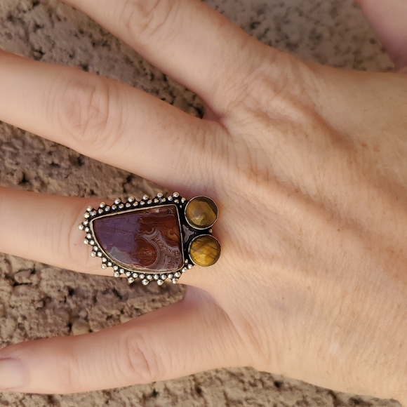 New Lake Superior Agate & Tiger Eye 925 Silver Ring. - Picture 8 of 13